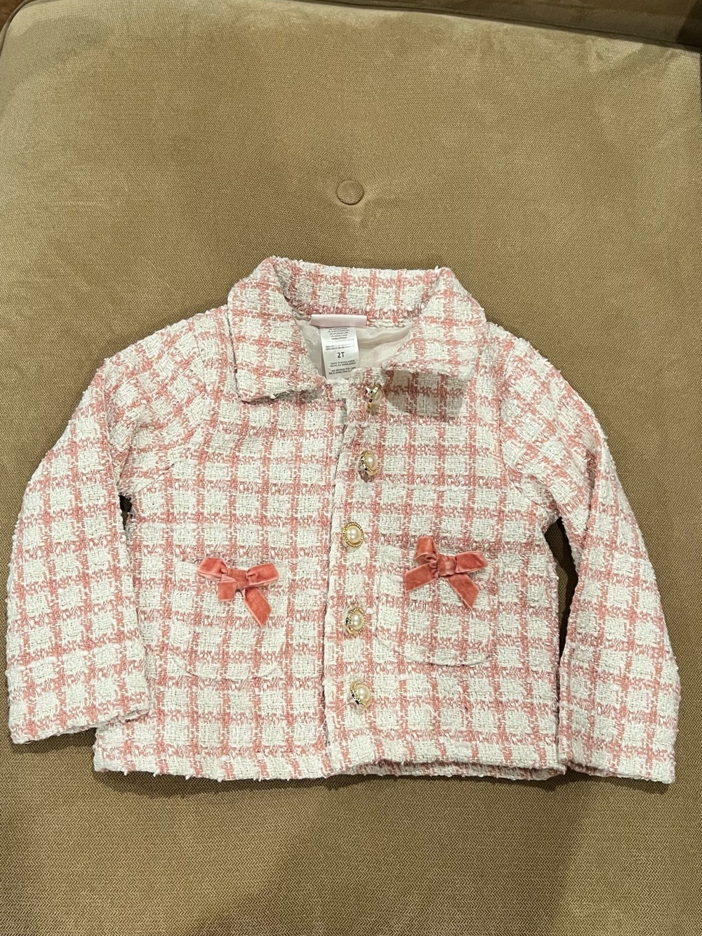 Little Lass Pink and White Tweed Button-Down Jacket with Bows